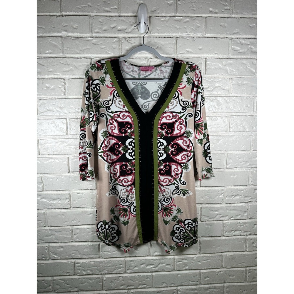 Vintage Joyous & Free Medium Y2K Funky Scroll Print Tunic Top Pink‎ Green Boho